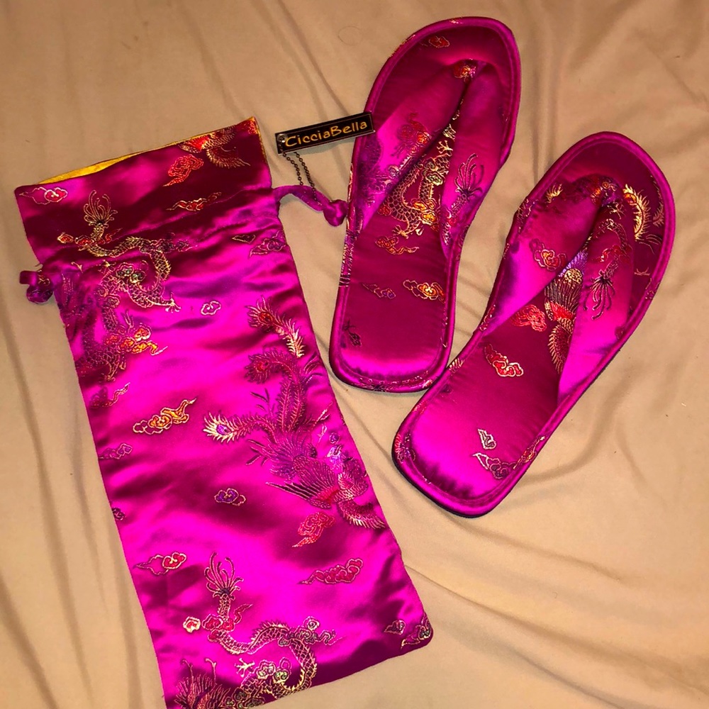 Asian inspired hot pink satin thong slippers